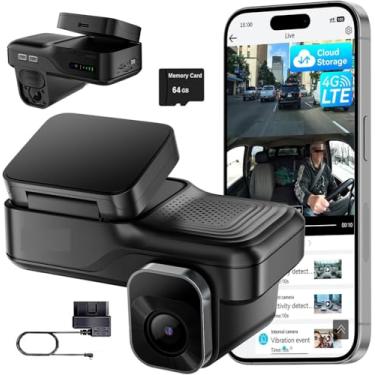 Imagem de Câmera veicular 4G frontal e interna, DVR automotivo 4G LTE Full HD 1080P com lente dupla, Built-in 5G WIFI com GPS Tracking Bluetooth, Live streaming, linha OBD, G-sensor, visão noturna