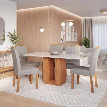 Imagem de Conjunto de Mesa Retangular com Tampo de Vidro Off White Ariela e 6 Cadeiras Paola Linho Bege e Madeira