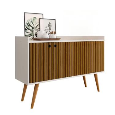 Imagem de Aparador Buffet Cantinho Café Sala Jantar Cozinha 4 Portas Puxador Concha Prateleira Interna(Dallas - Off/Ripado Nature)