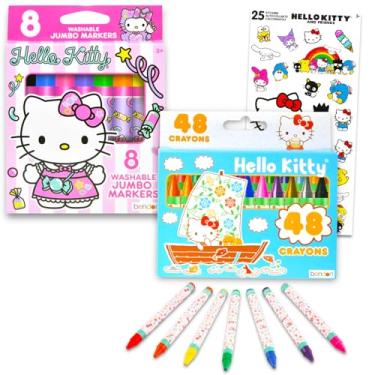 Imagem de Hello Kitty Conjunto de colorir para meninas – Pacote com 8 marcadores temáticos e 48 giz de cera temáticos para colorir, artesanato, desenho e muito mais | Material escolar Hello Kitty para crianças