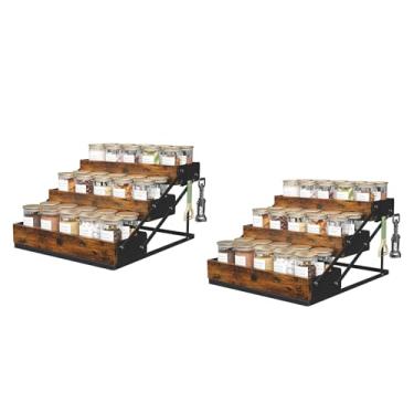 Imagem de KOKSTOP Organizador de temperos dobrável de 3 níveis para bancada, prateleira de degrau com potes de especiarias para gavetas de armário de cozinha, temperos, suporte de especiarias de madeira rústica