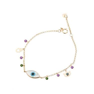 Imagem de Pulseira Feminina de Ouro 18k Olho Grego Madrepérola e Pedras Naturais