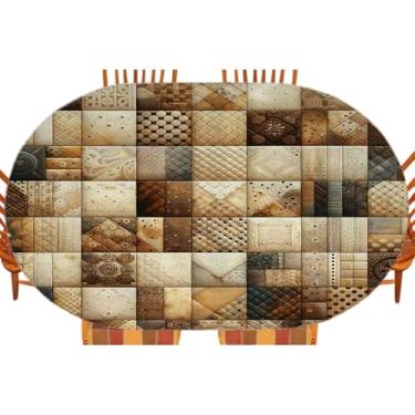 Imagem de ESFVRG Toalha de mesa oval marrom, inspirada em patchwork em blocos quadrados de conceito boêmio, para jantar na cozinha, festa, férias, Natal, buffet, serve para mesa de 106,7 cm x 152,4 cm,
