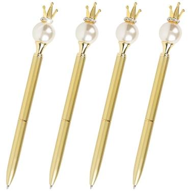 Imagem de SHIDOW Caneta dourada, caneta de pérola, bola de metal decorada com pérolas, canetas esferográficas para escritório, casa, festa, Natal, aniversário (4 peças) (estilo B)