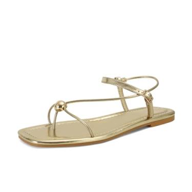 Imagem de GTBINGGO Sandálias rasas com tiras para mulheres, confortáveis, abertas, quadradas, sandálias elegantes de praia, chinelos, chinelos de dedo, Dourado, 40