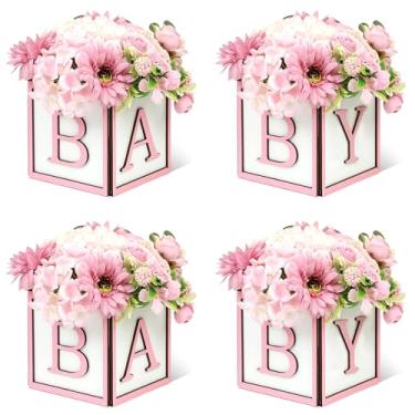 Imagem de MASTRON Centros de mesa para chá de bebê - 4 conjuntos de caixas de madeira com letras de bebê 15,24 x 15,24 cm cubo plantador vasos blocos de bebê para meninos chá de bebê revelar favor - rosa