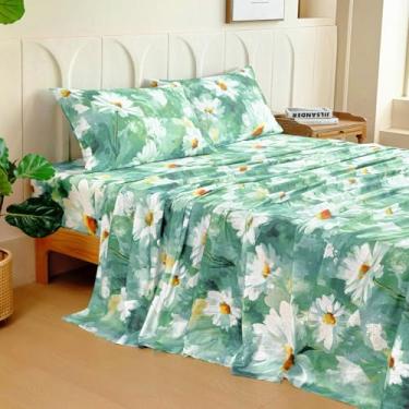 Imagem de MCO Jogo de lençol 100% algodão estampado floral, conjunto de lençóis Queen de algodão 300 fios, bolso profundo de 40,6 cm, lençóis refrescantes respiráveis, 4 peças (Queen, margarida verde escuro)