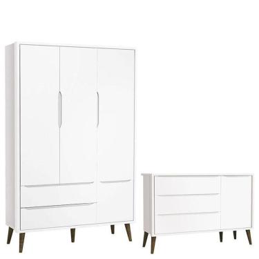 Imagem de Cômoda Infantil Com Porta E Guarda Roupa 3 Portas Theo Branco Acetinado Com Pés Amadeirado ? Reller