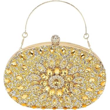 Imagem de AKEIE uxury Bolsa clutch de cristal brilhante com strass e alça de corrente no ombro para festa de coquetel de casamento, dourada, dourada