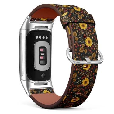 Imagem de Pulseira de couro de substituição para relógio Fitbit Charge 5 / Fitbit Charge 6 (outono girassóis preto) Pulseira para smartwatch para mulheres e homens