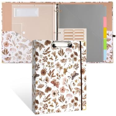 Imagem de WATINC 3 anéis de 2,5 cm para cartas, fichário de pranchetas com pasta de plástico, fichário de 5 abas, 18 adesivos divisórios, etiquetas de pasta de arquivo de capa dura, prancheta com bolsos para