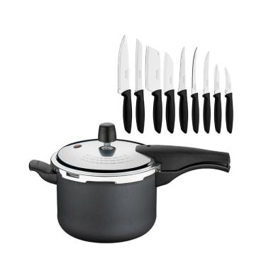 Imagem de Panela Pressão 4,5L Grafite + Conjunto Facas 9Pç Tramontina