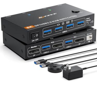 Imagem de KCEVE KVM Switch 2 Computador 1 Monitor Displayport 4K @240Hz 8K @60Hz, USB 3.0 KVM Switch Displayport 2.1 para 2 PC Share 4 Dispositivos USB 3.0 Teclado Mouse, com cabo USB 3.0, controle remoto com