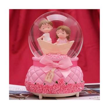 Imagem de Caixa musical globo de neve, base de flor rosa, bola de cristal, caixa de música com luzes coloridas, enfeites de bola de cristal para casal para casa