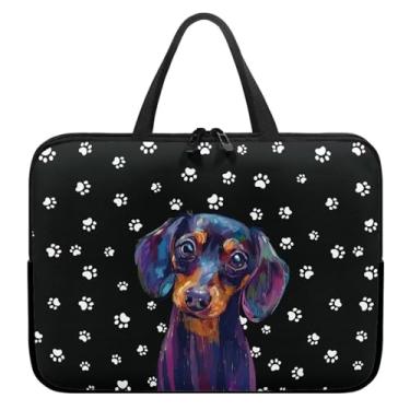 Imagem de ZIATUBLES Capa para laptop para notebook de 10 a 17 polegadas Dachshund com estampa de pata de cachorro, bolsa de viagem para laptop com alça à prova de choque, capa de transporte portátil para