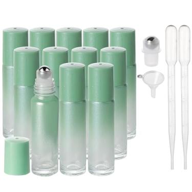 Imagem de SESENSE Frascos de rolo de óleo essencial, frascos de perfume de vidro espesso de 10 ml com abridor de funil e conta-gotas, frascos vazios de vidro colorido com bolas de rolo de aço inoxidável (verde