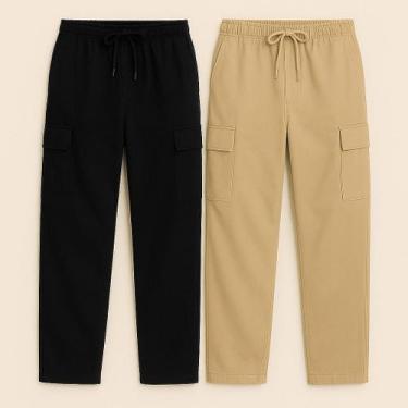 Imagem de Kit 2 Calça Cargo Larga Sarja Unissex com 5 Bolsos Corte Reto Diversas