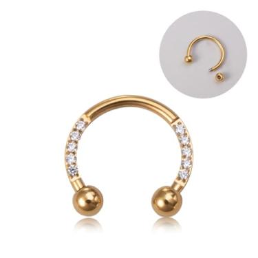 Imagem de 1 peça de anéis de septo dourados de aço inoxidável, joias de septo, argolas de nariz, argola 18G, zircônia cúbica transparente, ferradura, brincos de hélice, piercing de tragus, joias de piercing