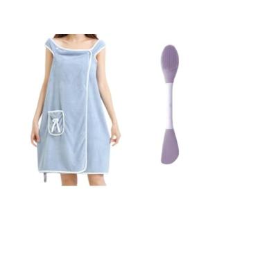 Imagem de Toalha/Roupão de Banho Feminino Secagem Rápida – Alta Absorção para Mulheres e Meninas, Ideal para Praia, Spa, Piscina e Academia (Kit Azul+Escova de Máscara)
