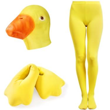 Imagem de Liitrsh Conjunto de 3 peças de acessórios de fantasia de galinha/pato de Halloween engraçado, máscara de pelúcia, chapéu de garra, meia-calça para homens e mulheres cosplay, Amarelo brilhante, 10.24