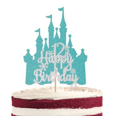 Imagem de Castelo de floco de neve feliz 12º aniversário topo de bolo, decoração de bolo de aniversário de 12 anos com tema de princesa de inverno, decorações de festa de 12 anos prata azul glitter (12)