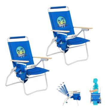 Imagem de #WEJOY Cadeira de praia com encosto alto, pacote com 2, mochila dobrável de alumínio resistente com 4 posições ajustáveis com apoio de braço de madeira, bolsa de armazenamento e porta-copos para pesca