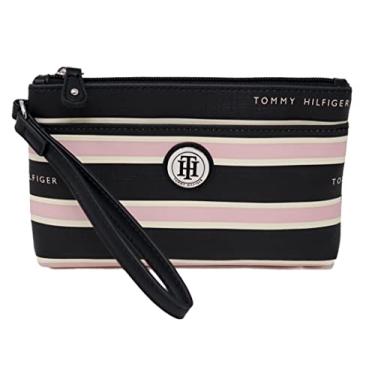 Imagem de Tommy Hilfiger Bolsa clutch feminina com logotipo listrado preto e rosa, Preto, Medium