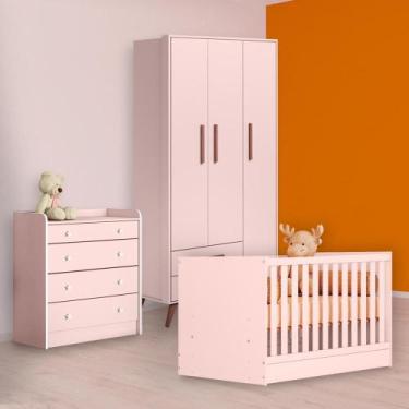 Imagem de Berço Mini Cama, Cômoda Trocador e Guarda Roupa Retrô Rosa - Qmovi