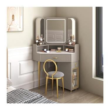 Imagem de Escrivaninha de penteadeira Conjunto de mesa toucador canto Mesa madeira que economiza espaço com armários armazenamento e espelhos circulares Moderno triângulo combinação armário escrivaninha