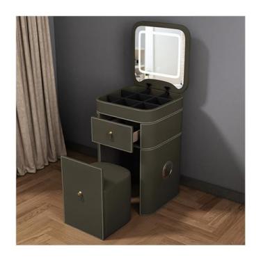 Imagem de Escrivaninha de penteadeira Vaidade de maquiagem para espaço pequeno aparência couro artificial mesa conjunto penteadeira com espelho iluminado ajustável fezes almofadadas(Green)
