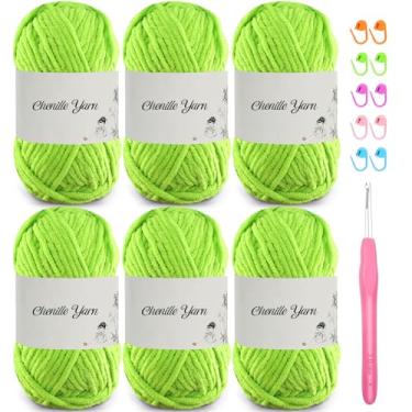 Imagem de SIMEIQI Pacote com 6 fios de chenille de 50 g para crochê, fio de veludo macio e fofo de 60 metros, crochê ideal para cobertores de bebê, brinquedos, cachecóis, travesseiros, almofadas (verde grama)