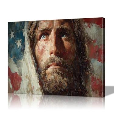 Imagem de Mistyefly Arte de parede em tela Jesus e bandeira - Decoração de Jesus com moldura interna de madeira (30 x 45 cm) - Leve e fácil de pendurar, imagens religiosas de arte de parede cristã para sala de