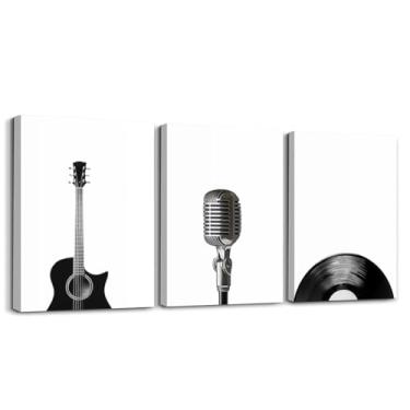 Imagem de Gravação de microfone de guitarra arte de parede em tela para sala de estar, decorações de parede musicais modernas para quarto, escritório, pintura de parede minimalista preto e branco, decoração de