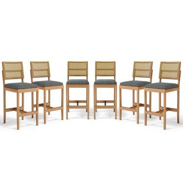 Imagem de Kit Com 6 Banqueta Milena Madeira Maciça Assento Estofado Encosto De Tela Palha Sextavada