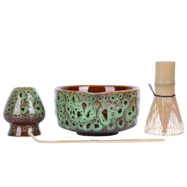 Imagem de XINGYAN Conjunto de tigelas Matcha com bico, conjunto de 4 peças de chá matcha japonês inclui tigela matcha de cerâmica com design ondulado de 500 ml, batedor de bambu, suporte de batedor e colher