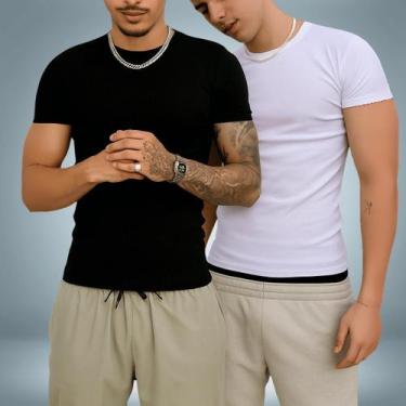 Imagem de Kit c/2 Camiseta Canelada Masculina Slim Fit Estilo Americano - Camisa