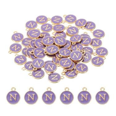 Imagem de Pingente de letra N, 60 peças, pingente de letra dupla face, com inicial do alfabeto, miçangas, berloque esmaltado para pulseira, colar, brinco faça você mesmo, roxo