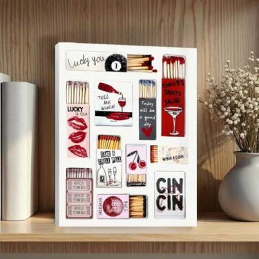 Imagem de Arte de parede emoldurada rosa preppy rosa, vintage Matchbox Retro Matchbook Art Trendy Ace of Hearts Lucky You, decoração de carrinho de bar com impressão estética rosa descolada