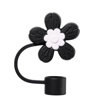 Imagem de Capa de palha de silicone com flores pretas e brancas para 10 mm para acessórios de copos Stanley, lindo topo de palha para copos, tampa de palha para tampas de ponta de canudos reutilizáveis