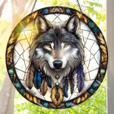 Imagem de Apanhador solar de acrílico colorido, decoração de janela suspensa de lobo com design de vitral impresso, apanhador de sol, arte de parede de arco-íris, ideia de presente e ornamento de jardim para