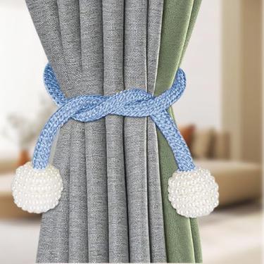 Imagem de Pacote com 2 laços magnéticos de cortina, prendedores de janela elegantes e elegantes, fivela de cortina de pérola para decoração de casa, quarto, escritório (azul lago)
