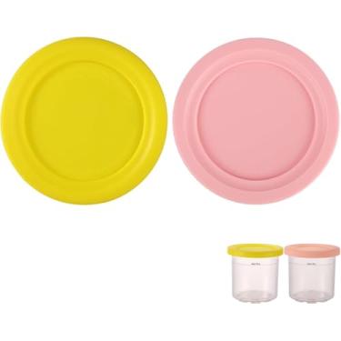 Imagem de 2 peças de tampa de recipiente de sorvete, capas redondas de silicone de substituição para Ninja Creami NC299AMZ NC300 & NC301 Series Ice Cream Acessórios Ninja Creami (amarelo, rosa)