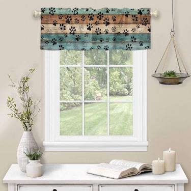 Imagem de Cortina de sanefa fofa gato patas cortina de cozinha para janela rústica azul-petróleo marrom madeira haste bolso sanefa cozinha tratamento de janela para quarto sala de estar 137 x 45 cm