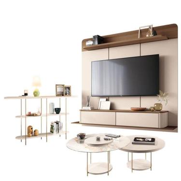 Imagem de Home Suspenso Galax Castanho Off White E Aparador Infinity E Kit Mesa De Centro Sky Off White- Hb Móveis