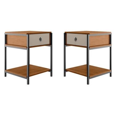 Imagem de Kit 2 Mesa De Cabeceira Mesa De Canto Quarto Casal Estilo Industrial Gaveta Prateleira Puxador Retrô