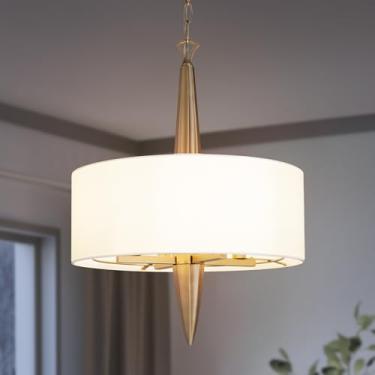 Imagem de KSANA Lustres para sala de jantar, lustre de tambor dourado moderno com 4 luzes com sombra de tecido branco luminária de sala de jantar para cozinha, corredor, quarto, entrada, 40,64 cm L