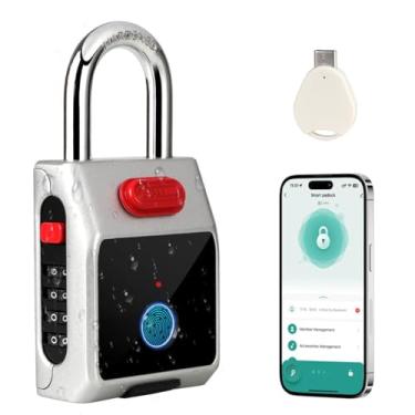 Imagem de KENNEAS Cadeado inteligente de impressão digital com desbloqueio de aplicativo, trava de combinação, para armários de academia, bagagem, viagem, biométrico sem chave, bloqueio IP65 à prova d'água para