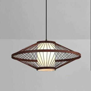 Imagem de WLHAZMWY Candeeiro pendente oval camada única pergaminho falso abajur estilo japonês arte tecida à mão pingente estilo pastoral teto de economia de energia (verde, 40 * 20 cm)