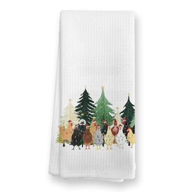 Imagem de TopXmai Toalhas de cozinha engraçadas de frango para árvore de Natal, presentes para amantes de frango, toalhas de chá para decoração de cozinha, toalha de mão retrô de animais de Natal para decoração