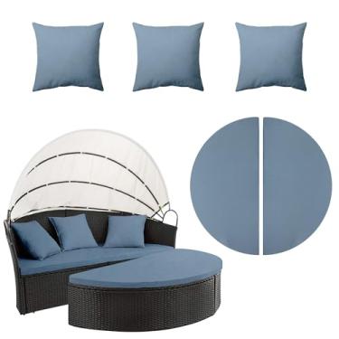 Imagem de DREAHOTEXTIL Capas de almofada redondas com fronha anexada, tecido elástico, 167 cm de diâmetro, capa de móveis de jardim para cama de sol, colchão, jardim, quintal, gramado, varanda